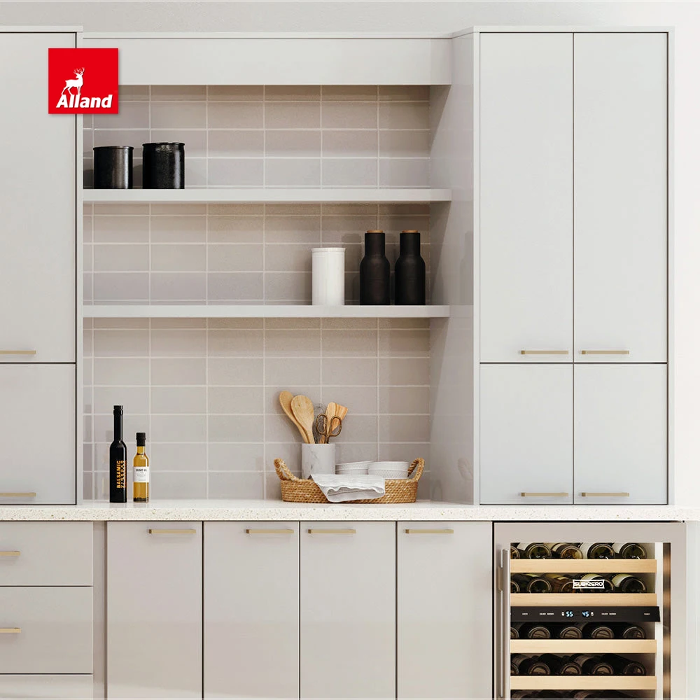 AllandCabinet Custom Color Modern High Gloss Lacquer MDF Plywood Flat Style Kitchen Cabinet Design with Countertop Island