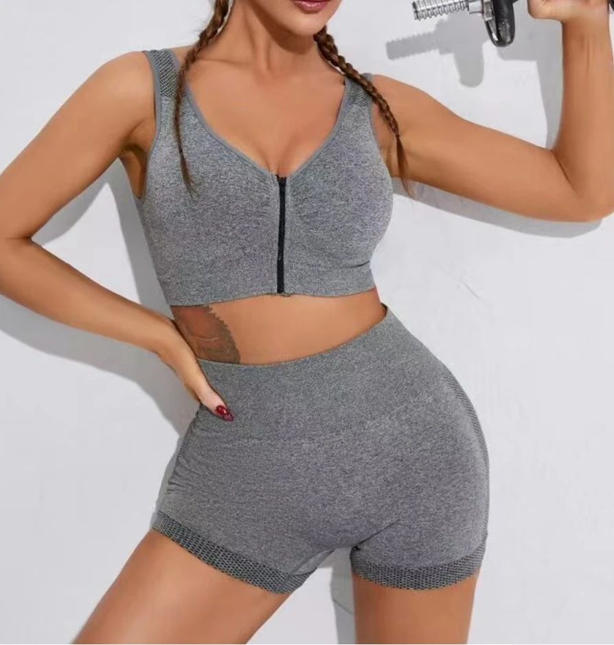 2024 Fashion Custom Sexy Zip Up Scrunch Butt Gym Wear Seamless Activewear Women Fitness Yoga Short Sets