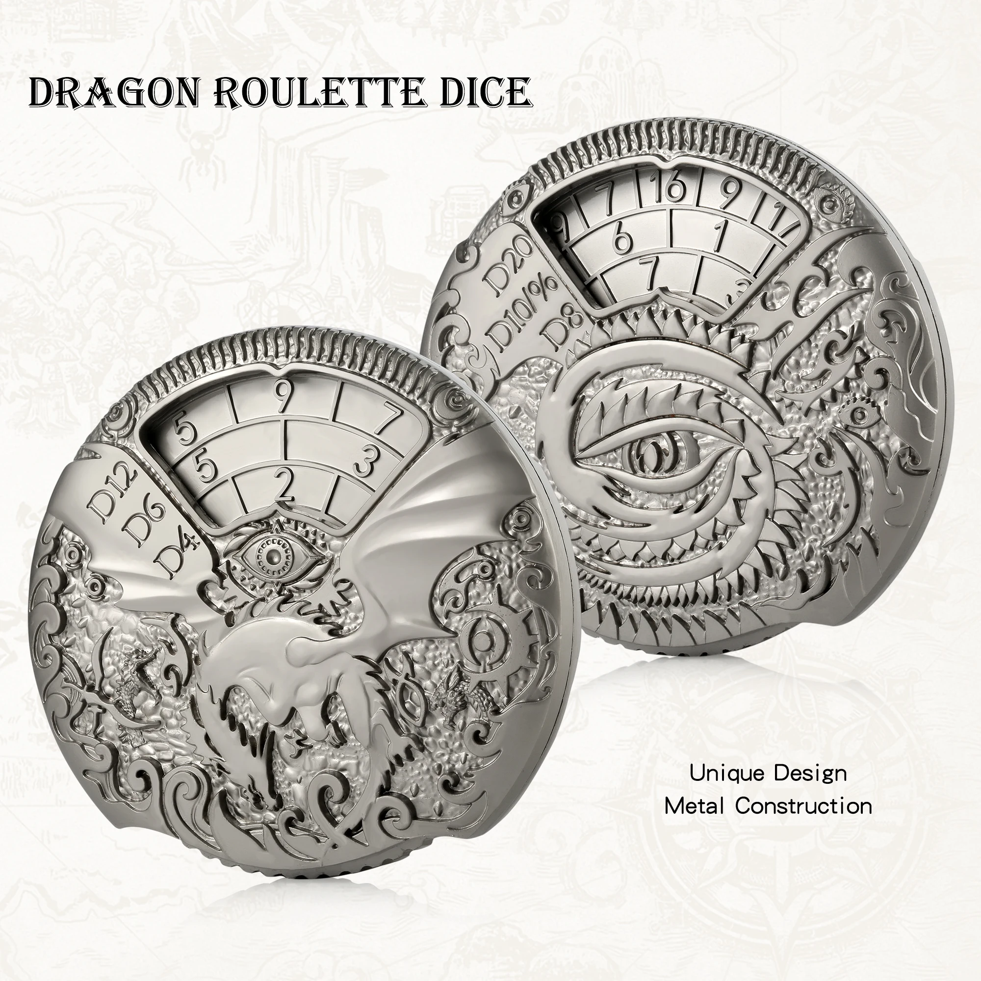 New Design 7-in-1 Dragon Roulette Metal Spinner Dice Spinning DND Dice Set D&D Steampunk Dice with Gift Box for RPG Rolling Game