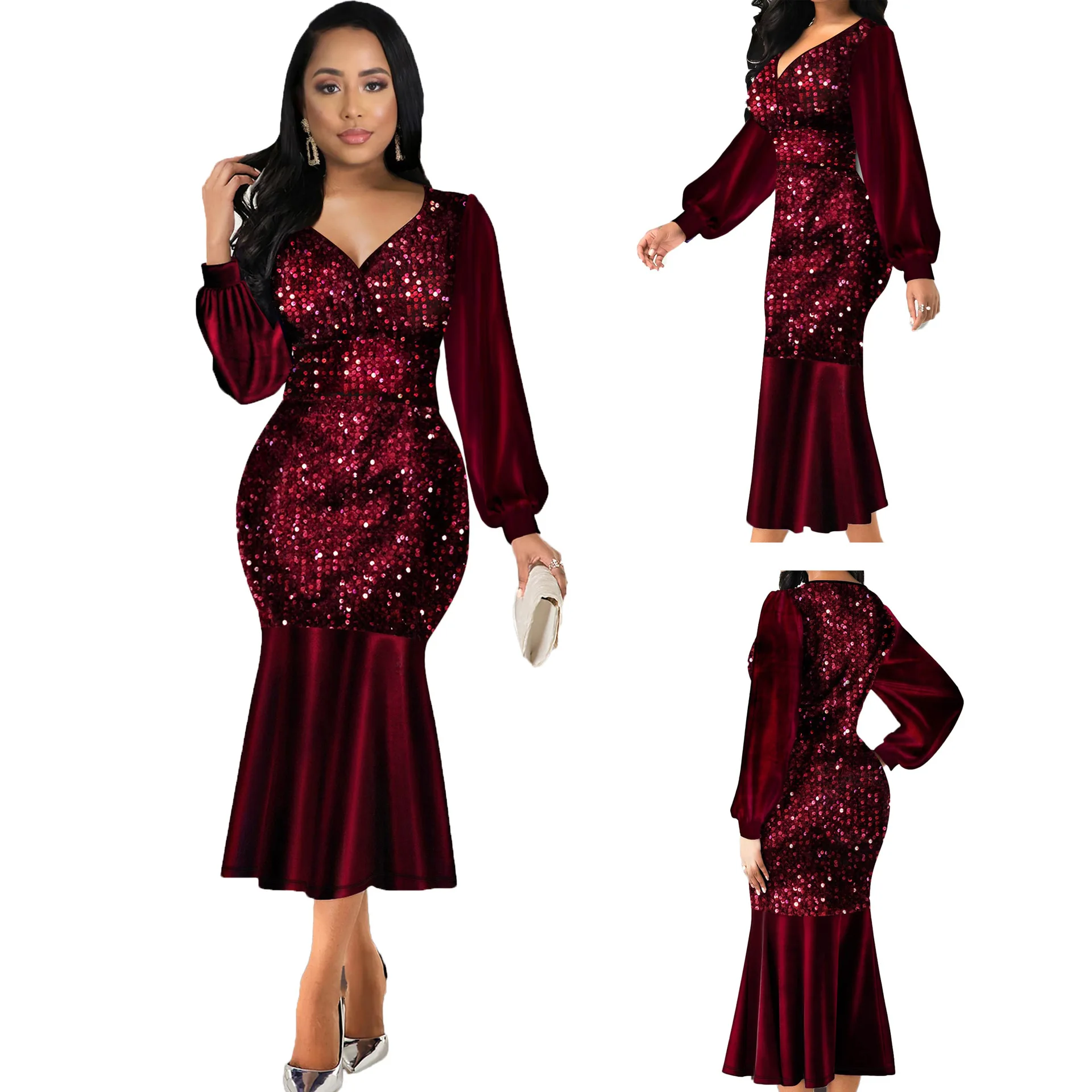2021 Sequins Wedding Dresses V Neck High Waist Evening Dress Mermaid Skirt Mother Of The Bride Clothing