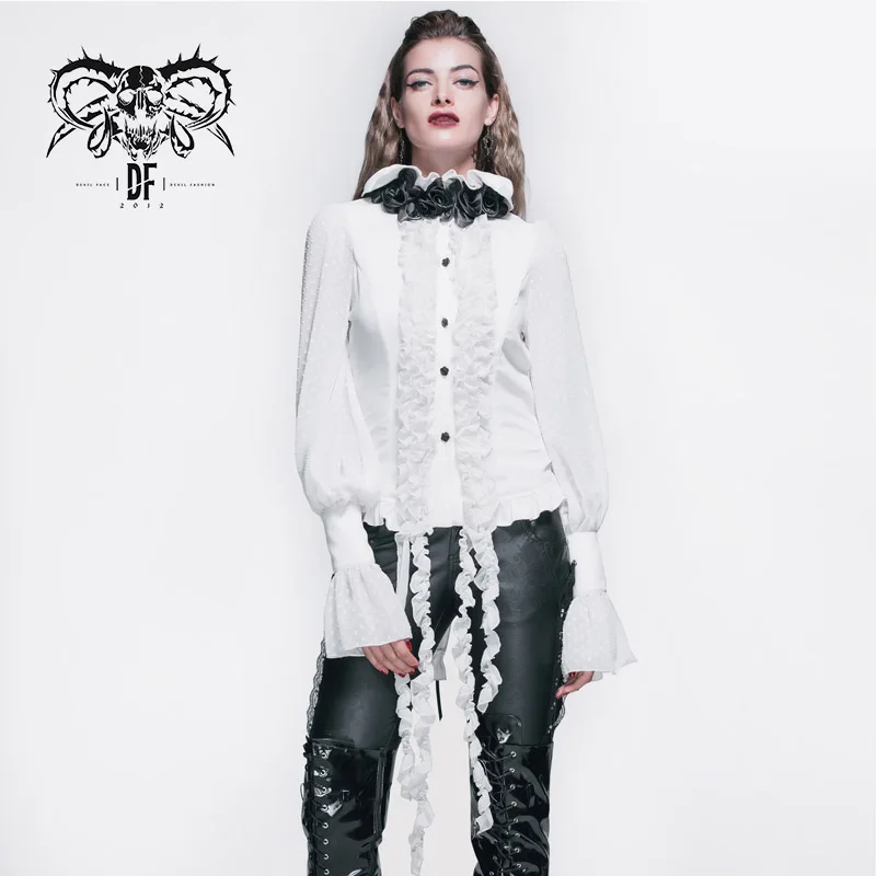 SHT00202 Devil fashion lotus leaf collar elegant women lace up white gothic chiffon blouse