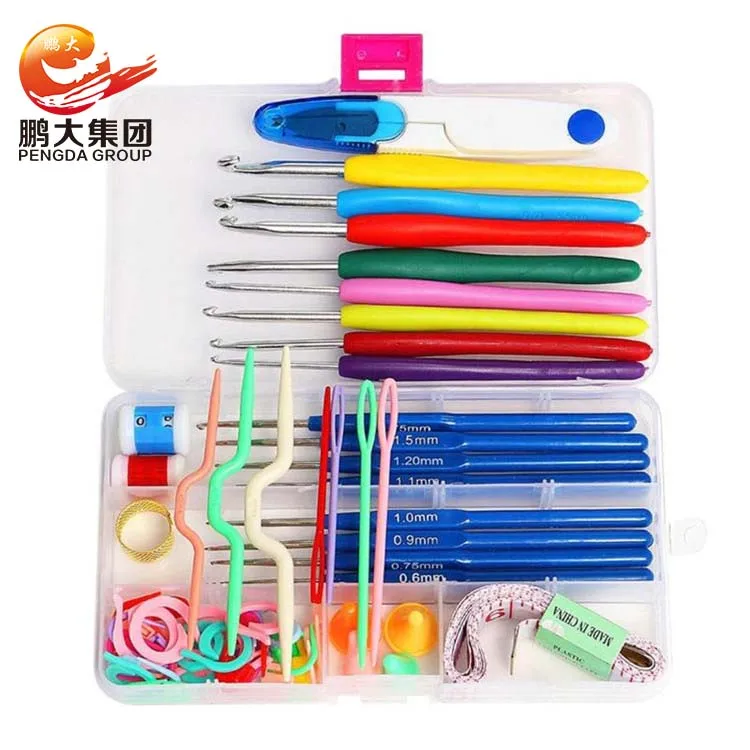 pengda soft handle ergonomic metal aluminum crochet hook set with plastic box for wool yarn