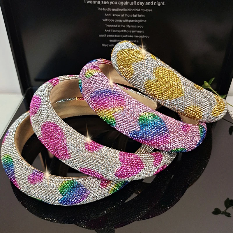 Shenglan Sponge Sparkling Colorful Rhinestone Headband Padded Heart Headbands Wedding Bridal Headbands