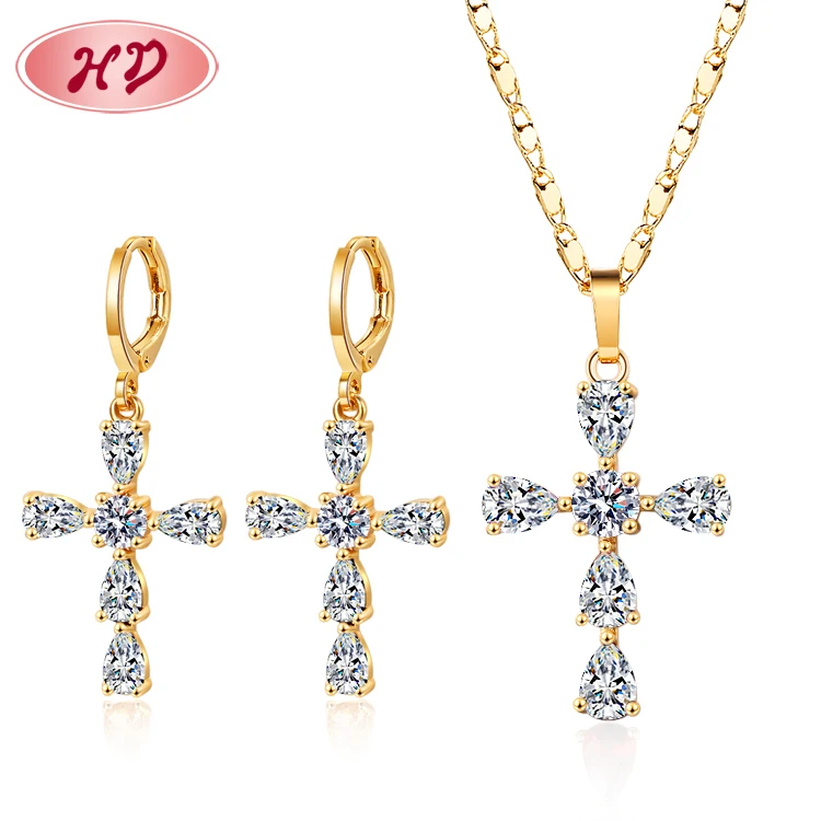 factori price 18k plated gold cross earring necklace sets zirconia wholesale jewelri for women