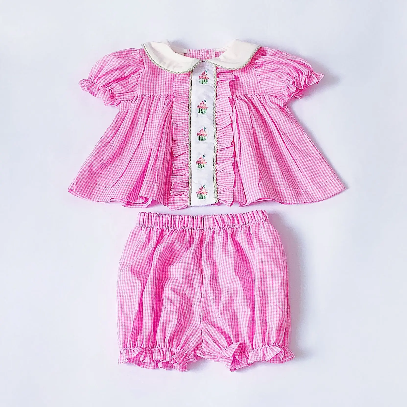 Yihui Conjuntos De Ropa De Ninas ODM&OEM Short Sleeve And Middle Knee Length Bamboo Woven Embroidery Baby Girls Sets