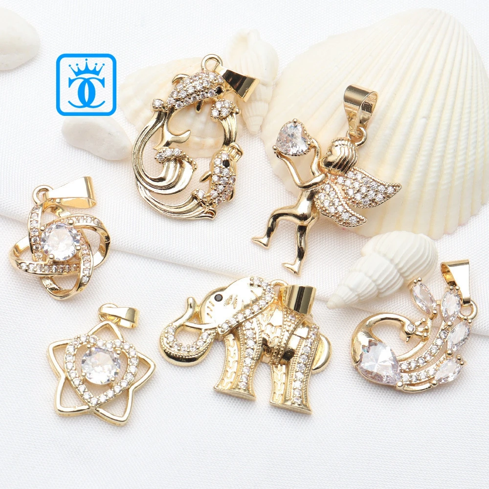 New Design 14k Gold Plated Micro-Inlaid Zircon Star Elephant Angel Charm Pendant For Jewelry Making