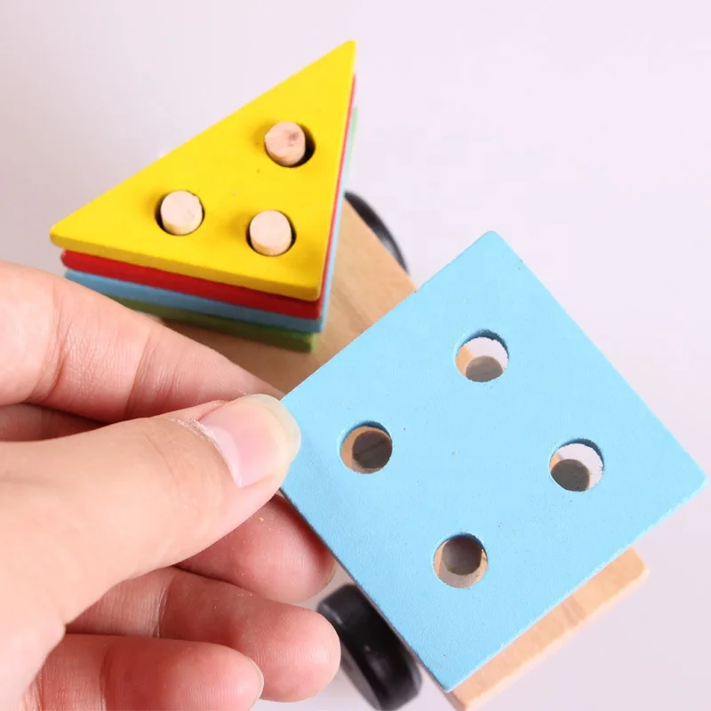 Wooden Block Train Toy Set Wheels For Kids Railway Track Vehicle Recognition