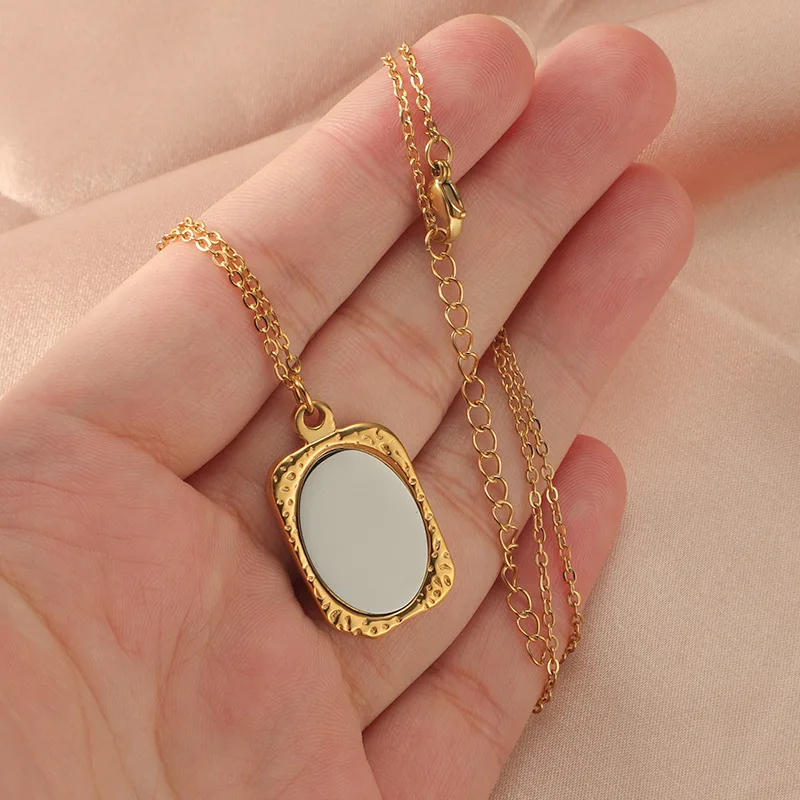 Stainless Steel Engraved Custom Mirror Surface Photo Frame Necklace Vintage Jewelry Square Mirror Surface Pendant Necklace