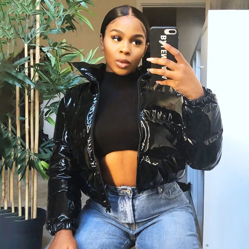 women Casual Solid Stand Collar Cropped Club Down Jacket For Women PU Leather Winter Zip Thick Puffer Jackets 2021 Bubble Coat