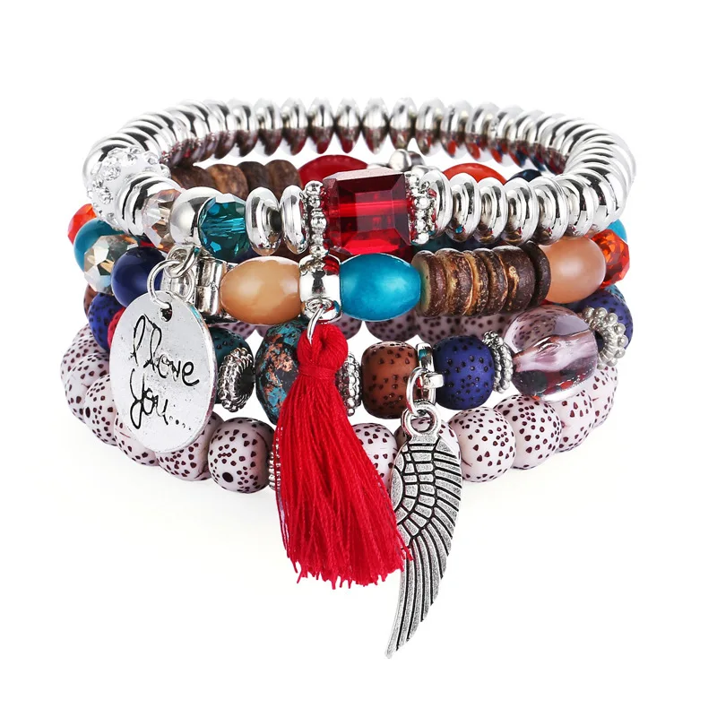 BohemianHandmade BraidedColorful бисер эластичный браслет Этнические Многослойные рисовые бусины из бисера растягивающийся Шарм Бохо