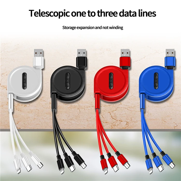 
3 in 1 retractable cables wholesale 2A 2M 1M Cord Retractable Portable Charging Cable 