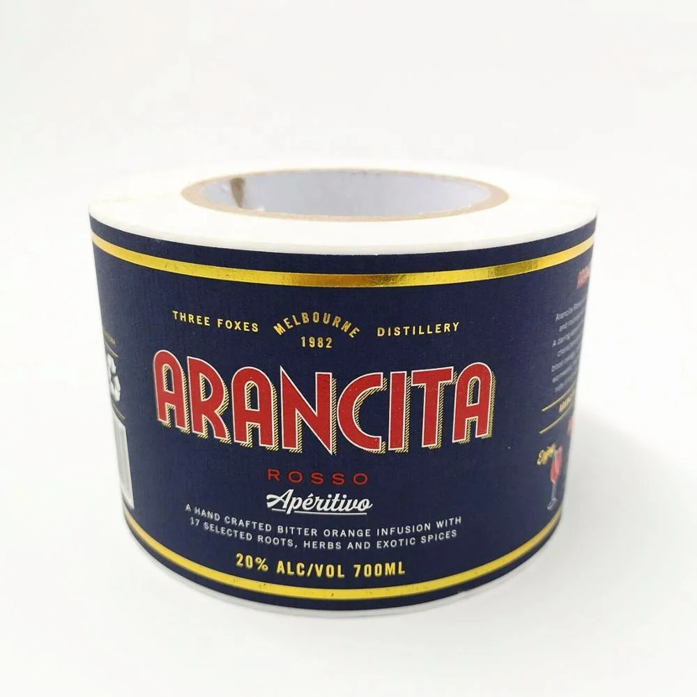 Custom Made Arancita Vodka Three Foxes Dry Gin Gold and Copper Foil and Spot UV Dark Blue Bar Code Wine Labels