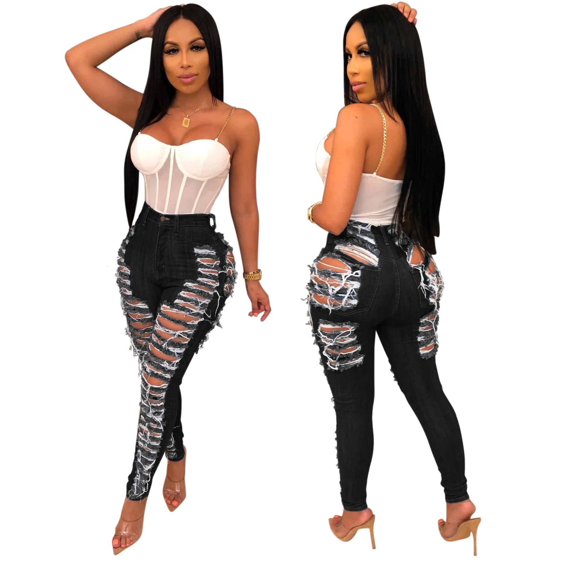 
New Design Fashion Casual Cut Up Women Denim Jeans Pantalones-Jeans Muj Distressed Custom Jeans 
