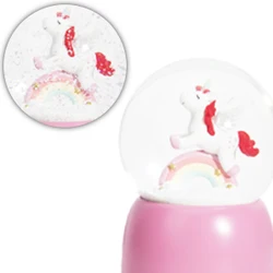 OEM custom resin dome cheap water globes pink pedestal music rainbow unicorn snow globes