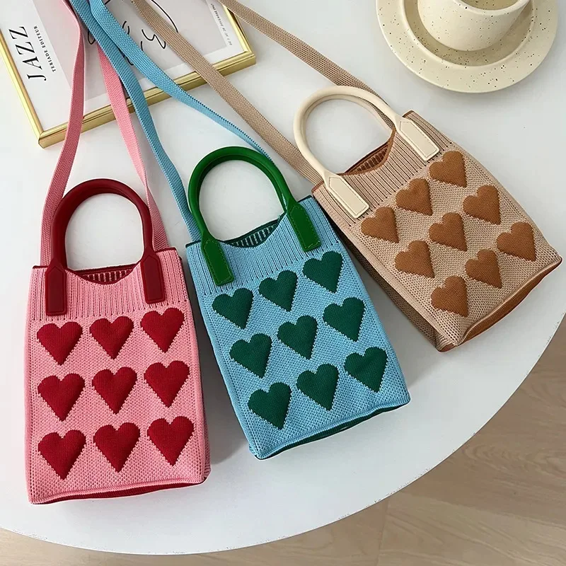 Wholesales Fashion Crochet Phone Sling Handbag Knit Woven Women Candy Cute Colors Quilted Phone Sling Shoulder Bags