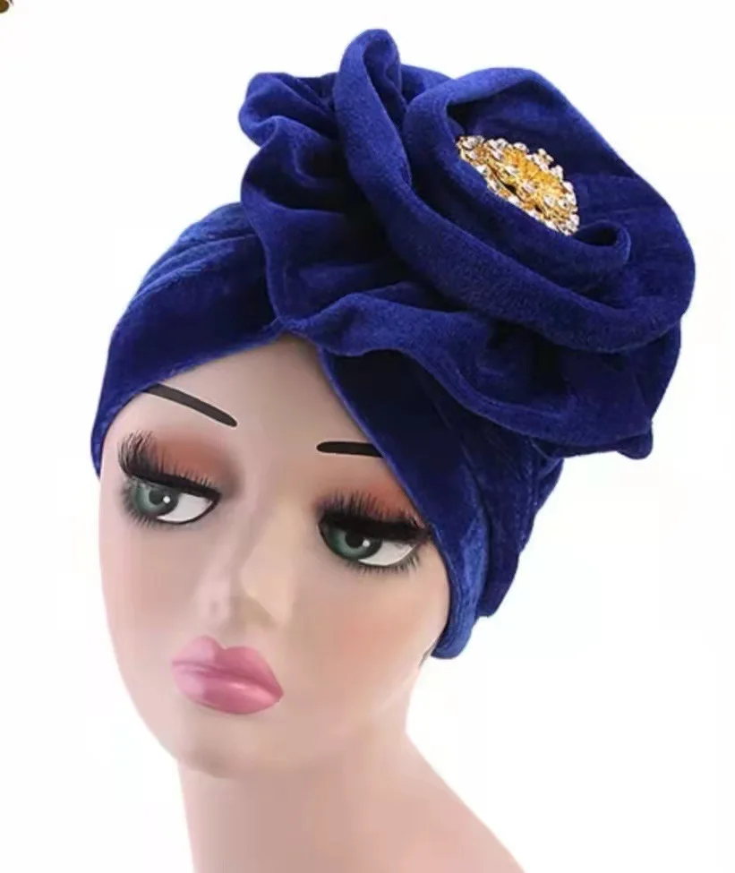 New Multicolor Muslim Women Gold Alloy Diamond Big Flower Velvet Turban Hat Muslim Hijab Indian Hat