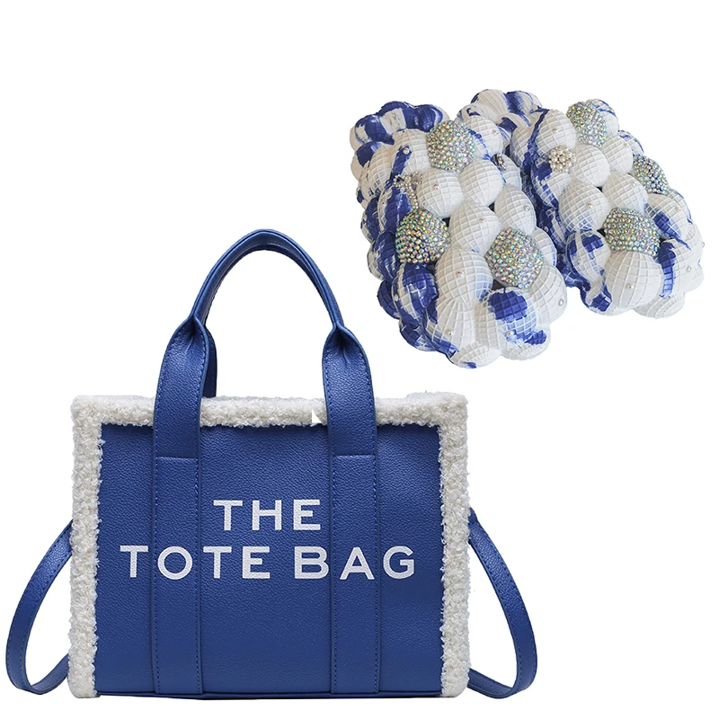 Wholesale Eva Cloud Lychee Bubble Sandals Winter Furry Pu Handbag Luxury Bling Bubble Slides with Purse The Tote Bag