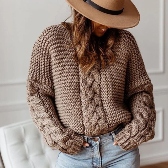 Winter Fashion Clothing Ladies Solid Pullover V-neck Twist Loose Sweater Casual Knitted Sweater Women