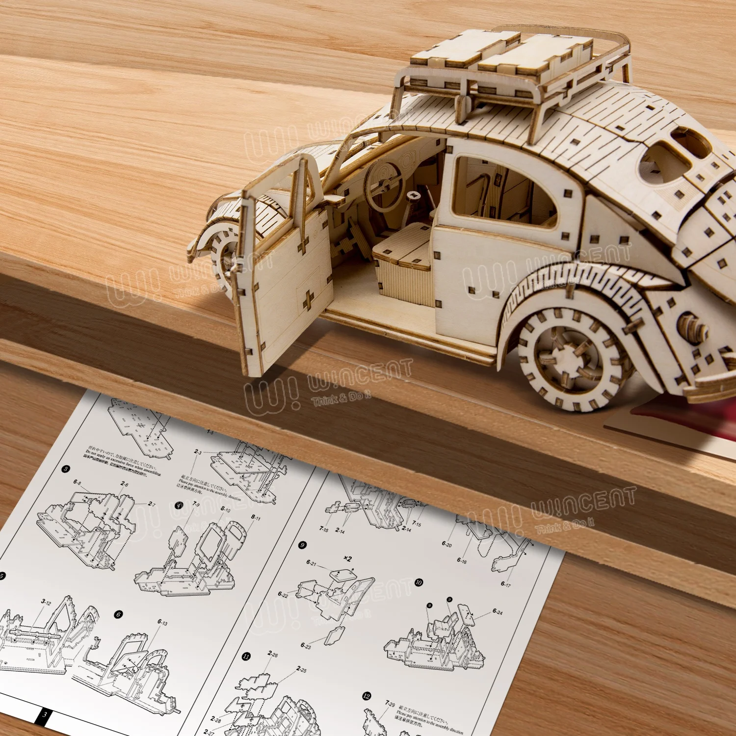 UV Print Colourful Beetles Car Assembly Toy wooden Mechanical 3d model design puzzle games for adults