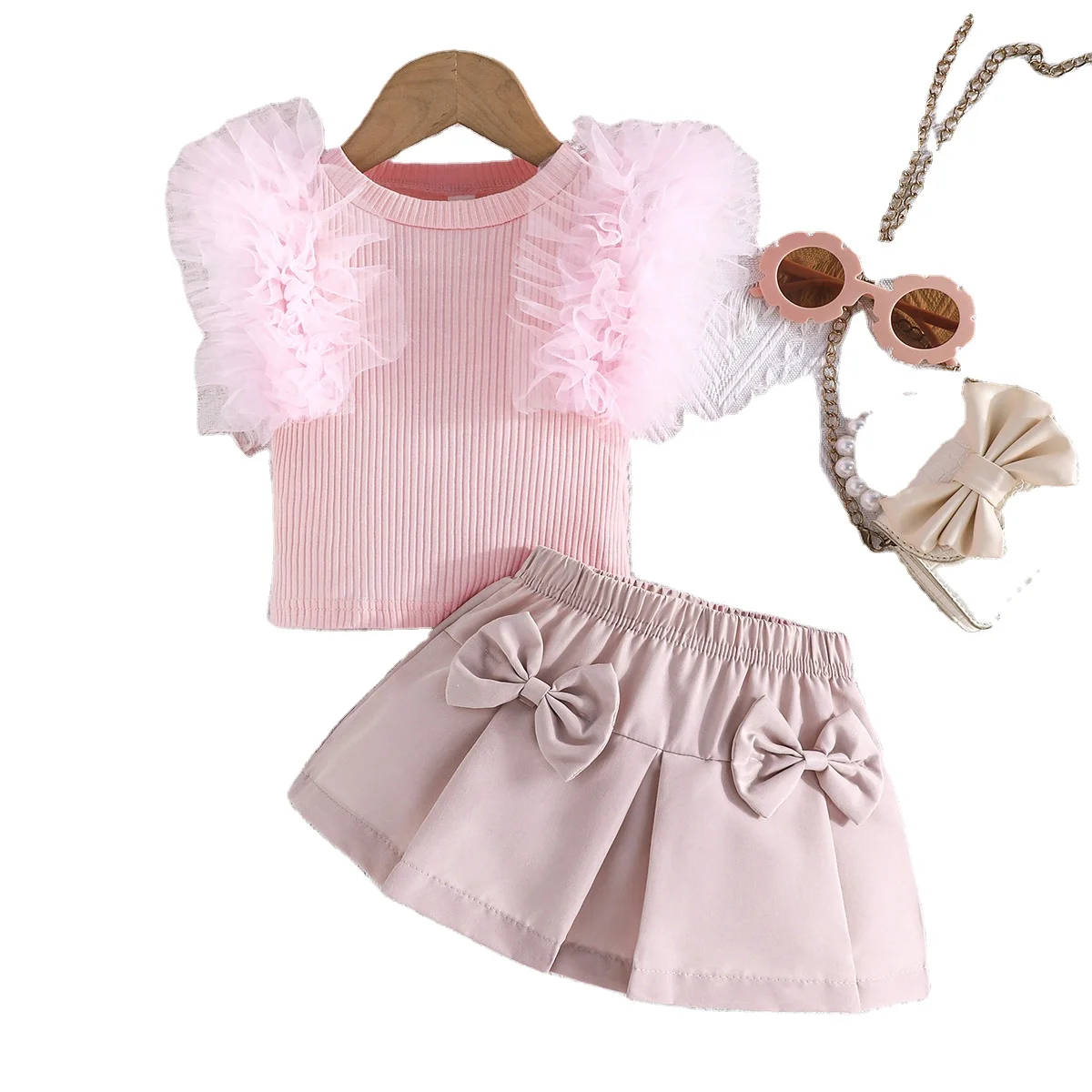 2024 baby girls clothes suit for cute toddler clothing sweet sky blue girl mesh sleeve top bow skirt 2-pieces suit