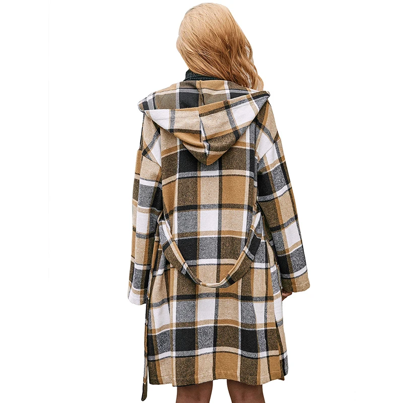Loose Casual Plaid Coat Mid-Length With Belted Hooded Overcoat Jacket Plaid Woolen Coat Women