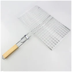 Camping BBQ Tools Iron Chrome Plated Barbecue Grills Basket With Wooden Handle BBQ Grill Net