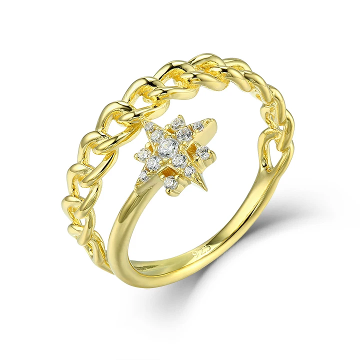 Grace 925 Sterling Silver Custom Gold Ring North Star CZ Zircon Inlay Link Chain Style Rhodium Plating for Wedding and Party