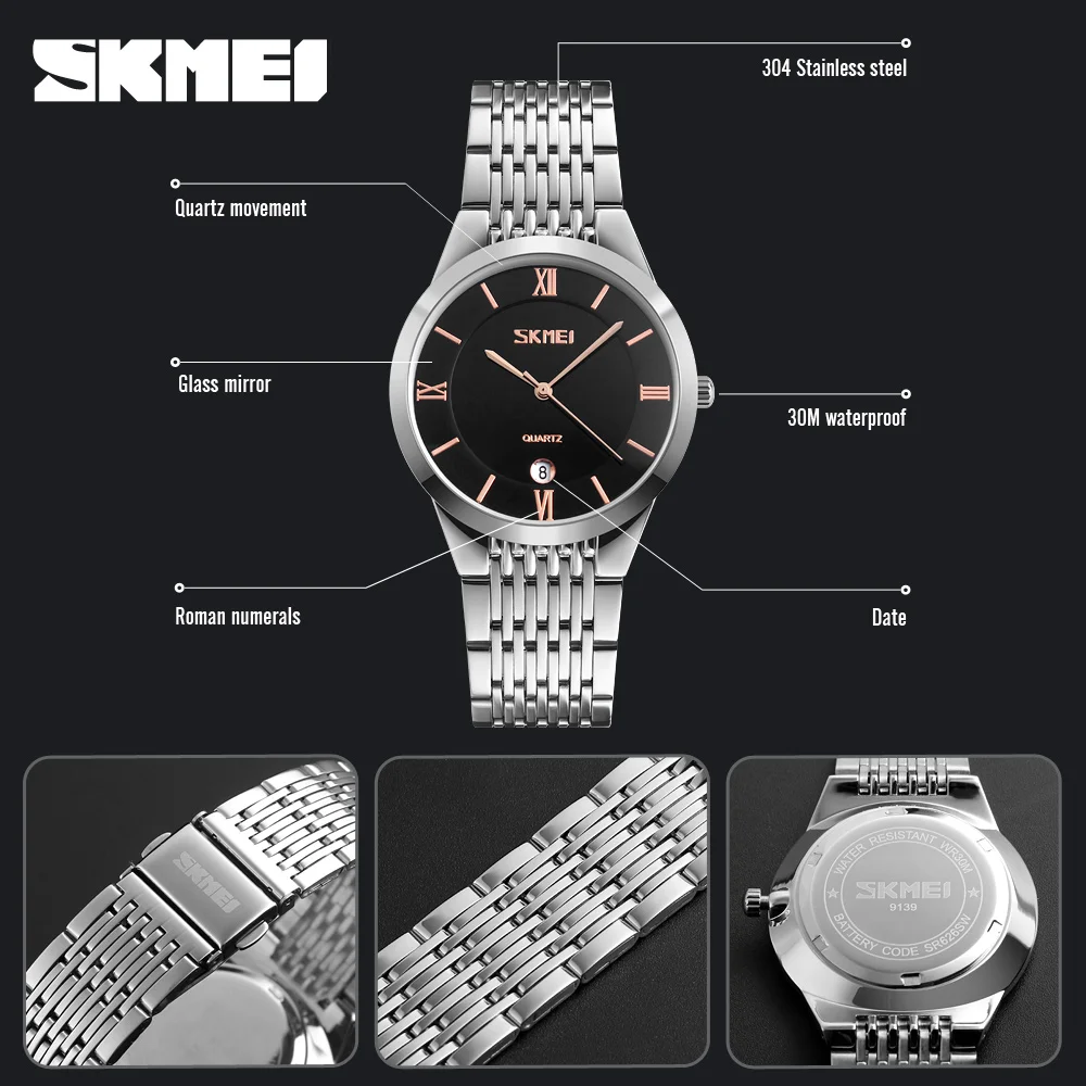  SKMEI 9139 оптовая продажа модные часы для влюбленных Кварцевые из нержавеющей