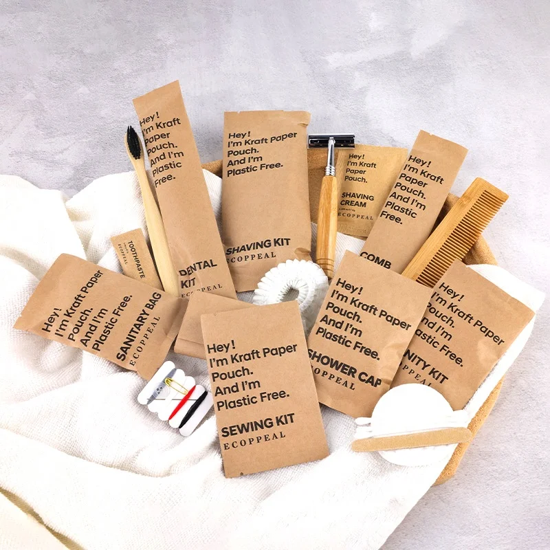 Luxury Eco Friendly Biodegradable Kraft Paper Hotel Guestroom Disposable Dry Amenities Dental Shaving Vanity Sewing Kit