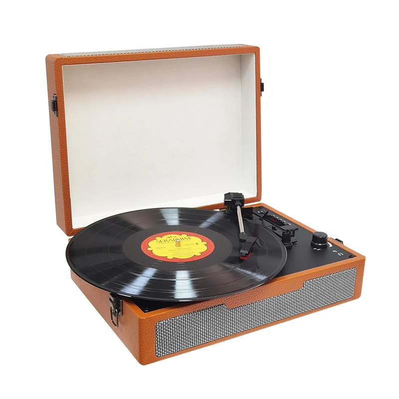 Wooden PU Leather Oem Logo Suitcase 3 Speed Gramophone Cd Player Wireless Bluetooth Portable Retro Vinyl Turntable Record Player