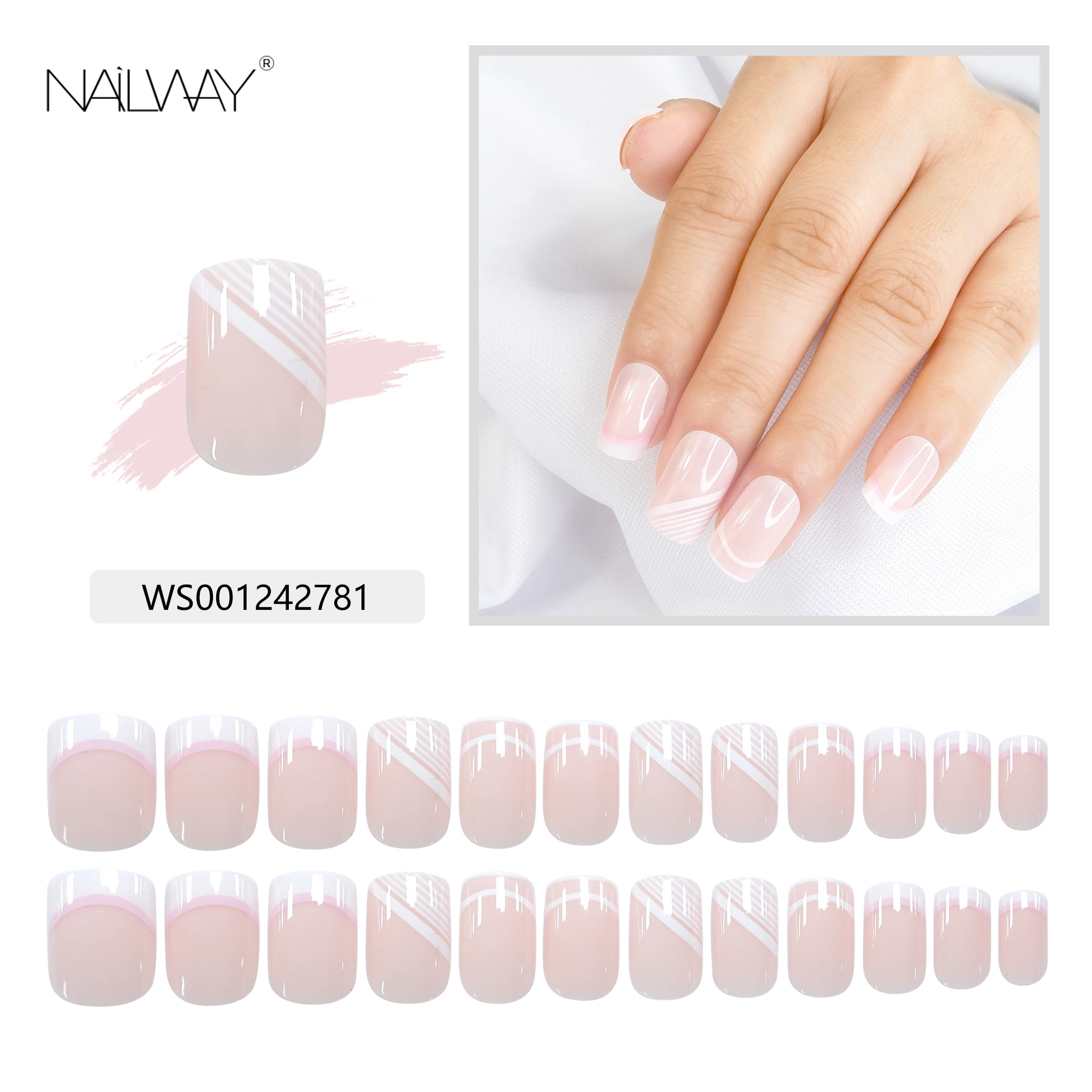 Nailway High Quality  Wholesale Short Square China Fake Nail French Nails Custom Design Press On Nails