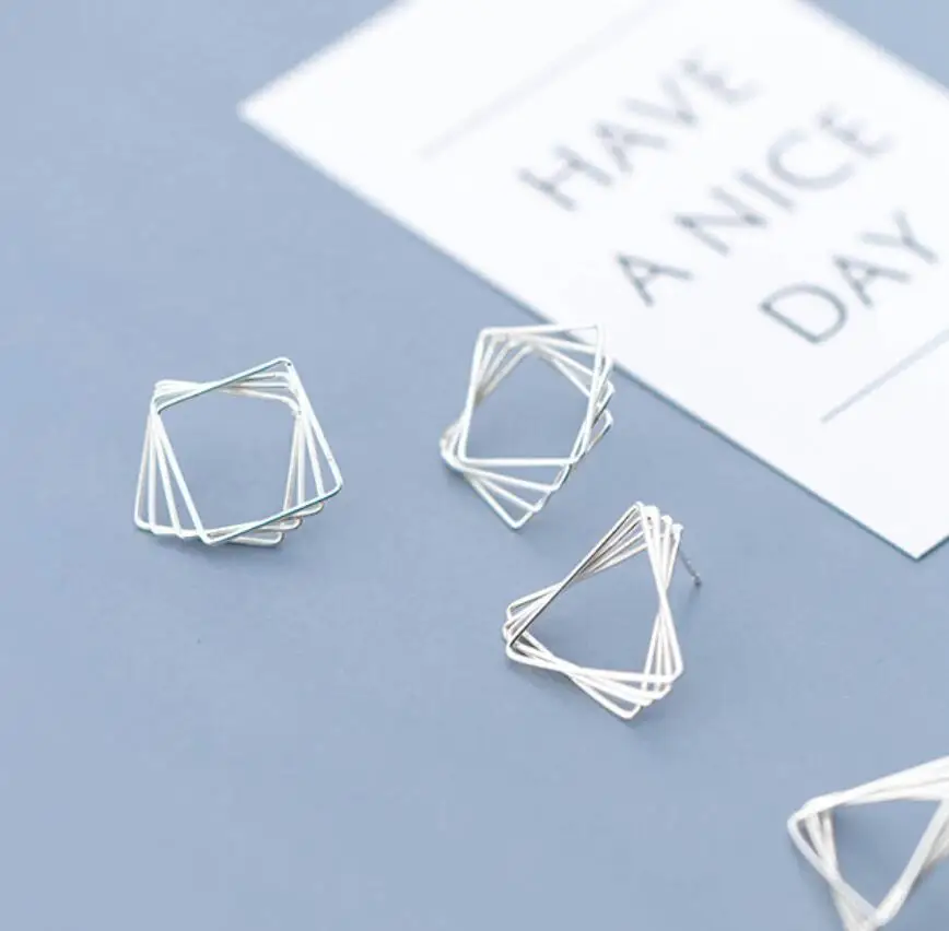 SE104-545 Halo 925 sterling solid silver geometric luxury design  square triangle superposed stud earrings 2022