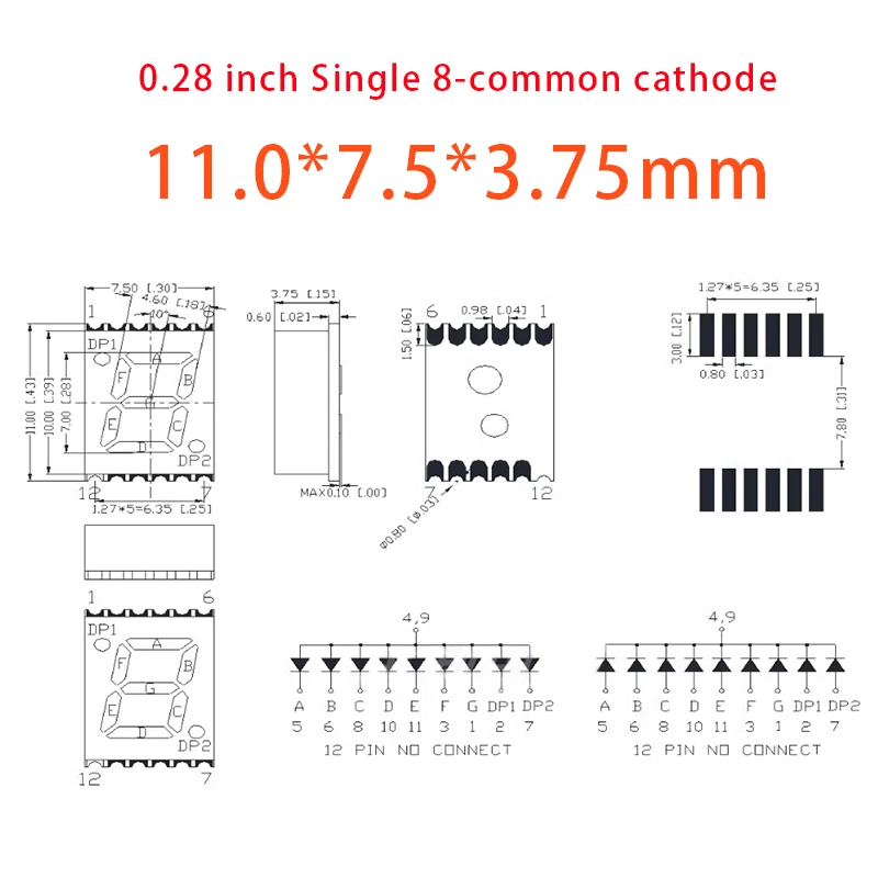 Ultra high brightness white SMD 1-digit common cathode 0.2/0.28-inch LED seven segment LED panel module display screen