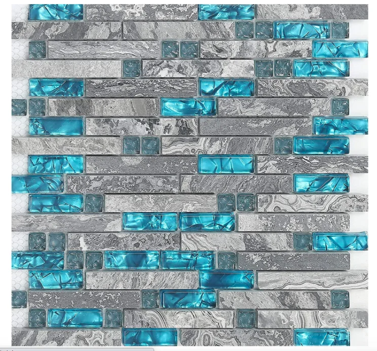 DS Polished Gray Marble and Teal Blue glass mosaics Random Interlocking tiles Kitchen Bathroom designed by
