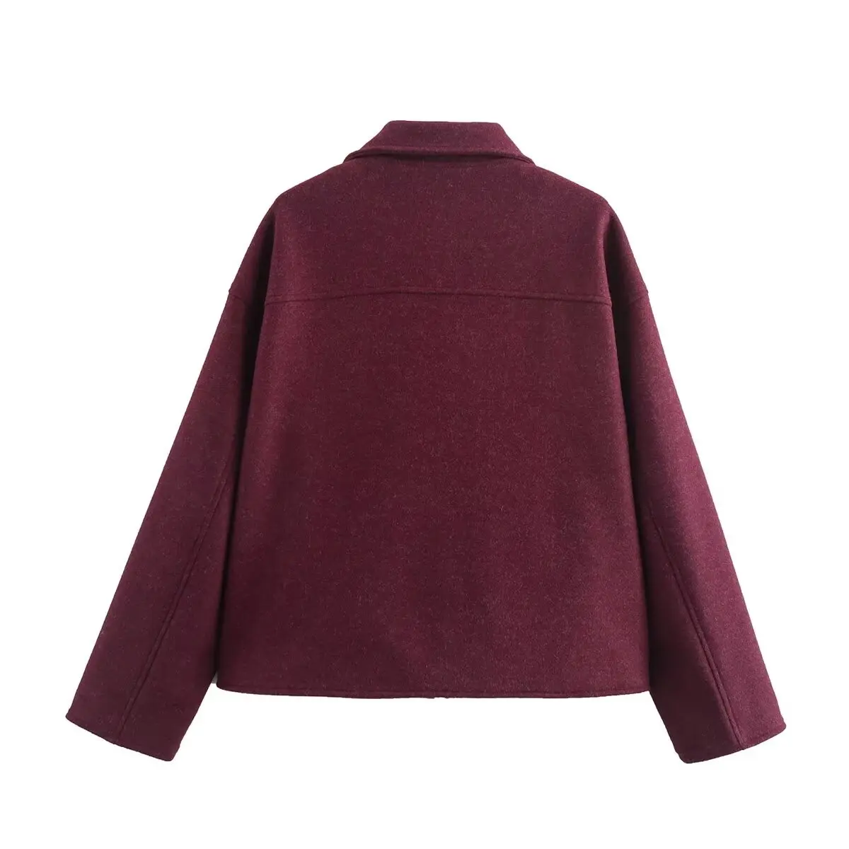 PB&ZA Women 2024 Autumn New Fashion Burgundy Pocket Zipper Wool Coat Vintage Long Sleeve Female Outerwear Chic
