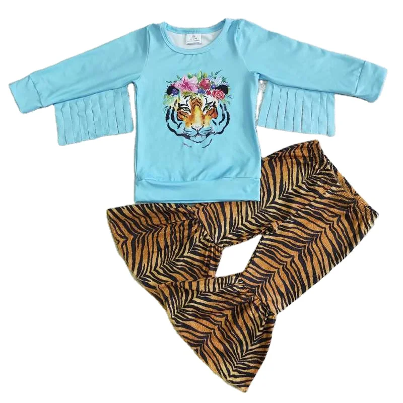 2022 Rts Daily Wear New Design Western Blue Tiger Flower Tassel Print Long Sleeve Shirt Tiger Pattern Pants Fashion Kids Wear