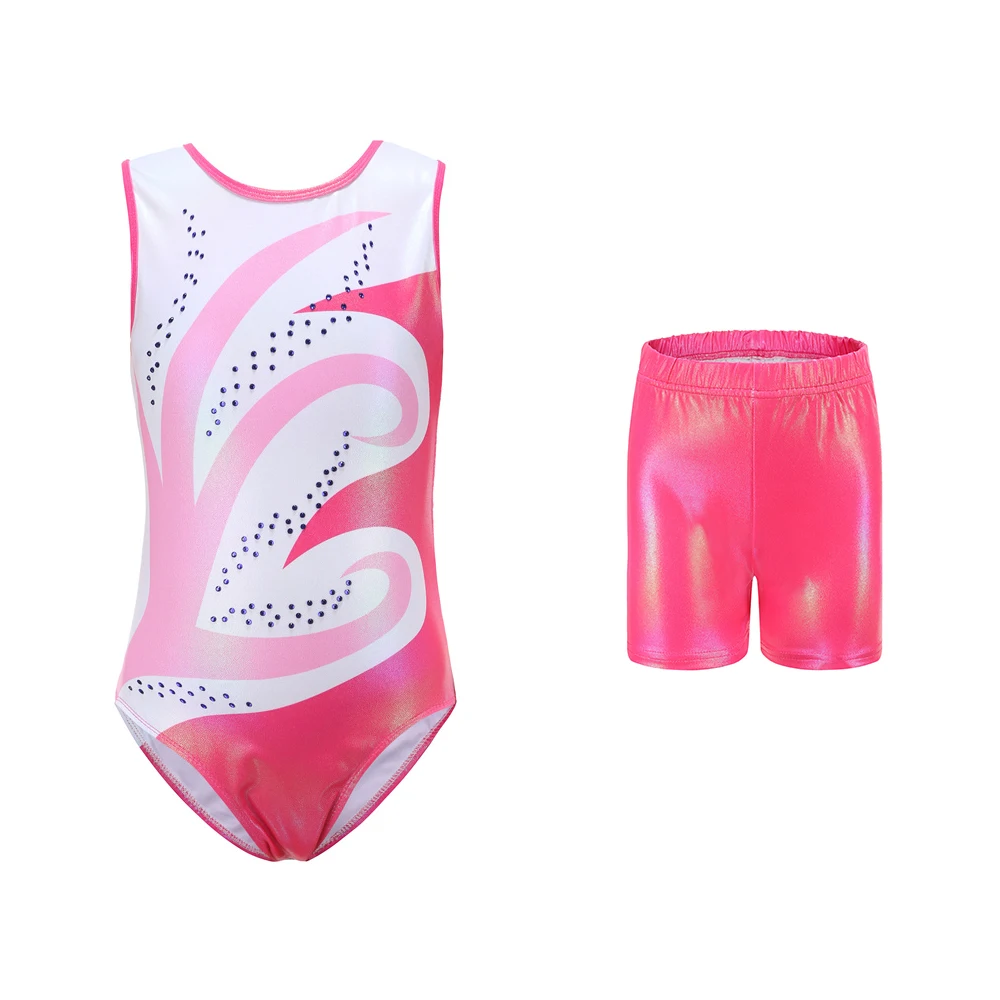Wholesale Cheap Kids Girls Children Shiny Sleeveless Rhinestone Pink Girls Leotards Shorts Gymnastics Sets