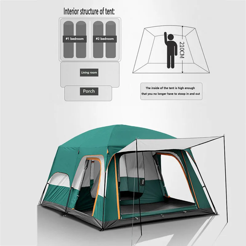 210D Oxford Cloth 2 Bedrooms 1 Living Room Camping Tents  Easy Set Up Large Family Dome Tent Water Resistant Outdoor Tents