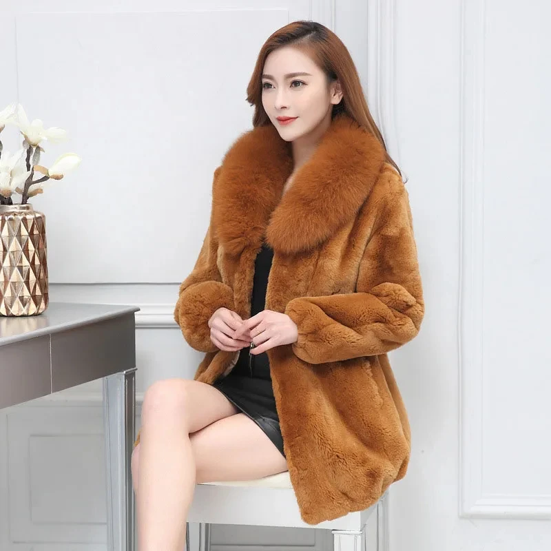 Winter Warm Real Rex Rabbit Fur Coat With Fox Fur Collar Women Casual Plus Size Yellow Thick Genuine Fur Jacket Fashion Outwear