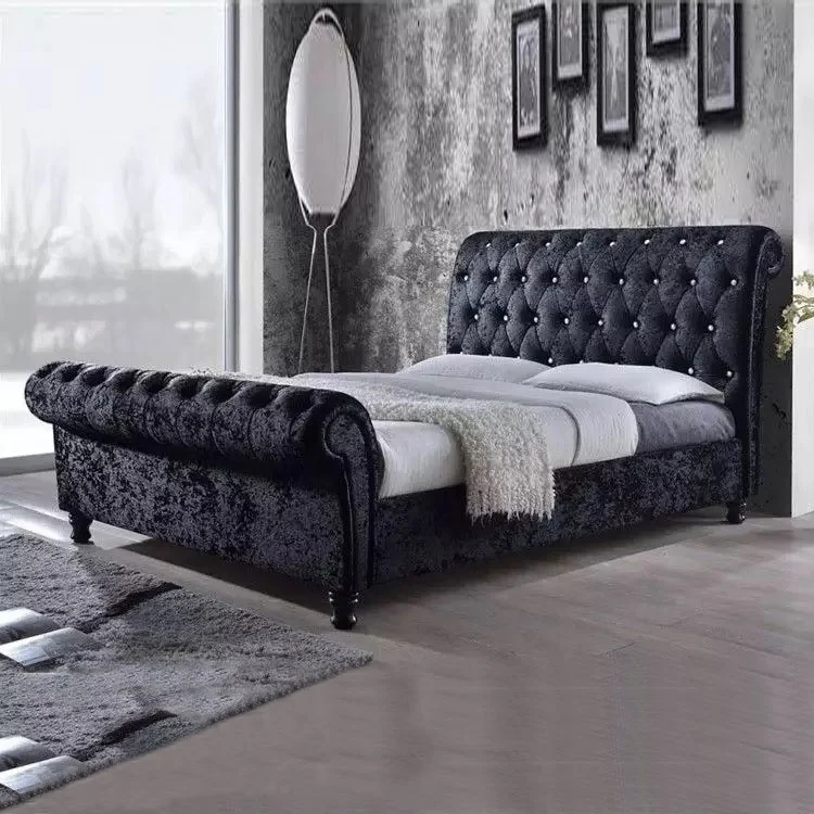 Bed Sleigh Wooden with Diamante Choice of Colours Available Cheap Fabric Beautiful Style Crushed Velvet Home Furniture Soft Bed