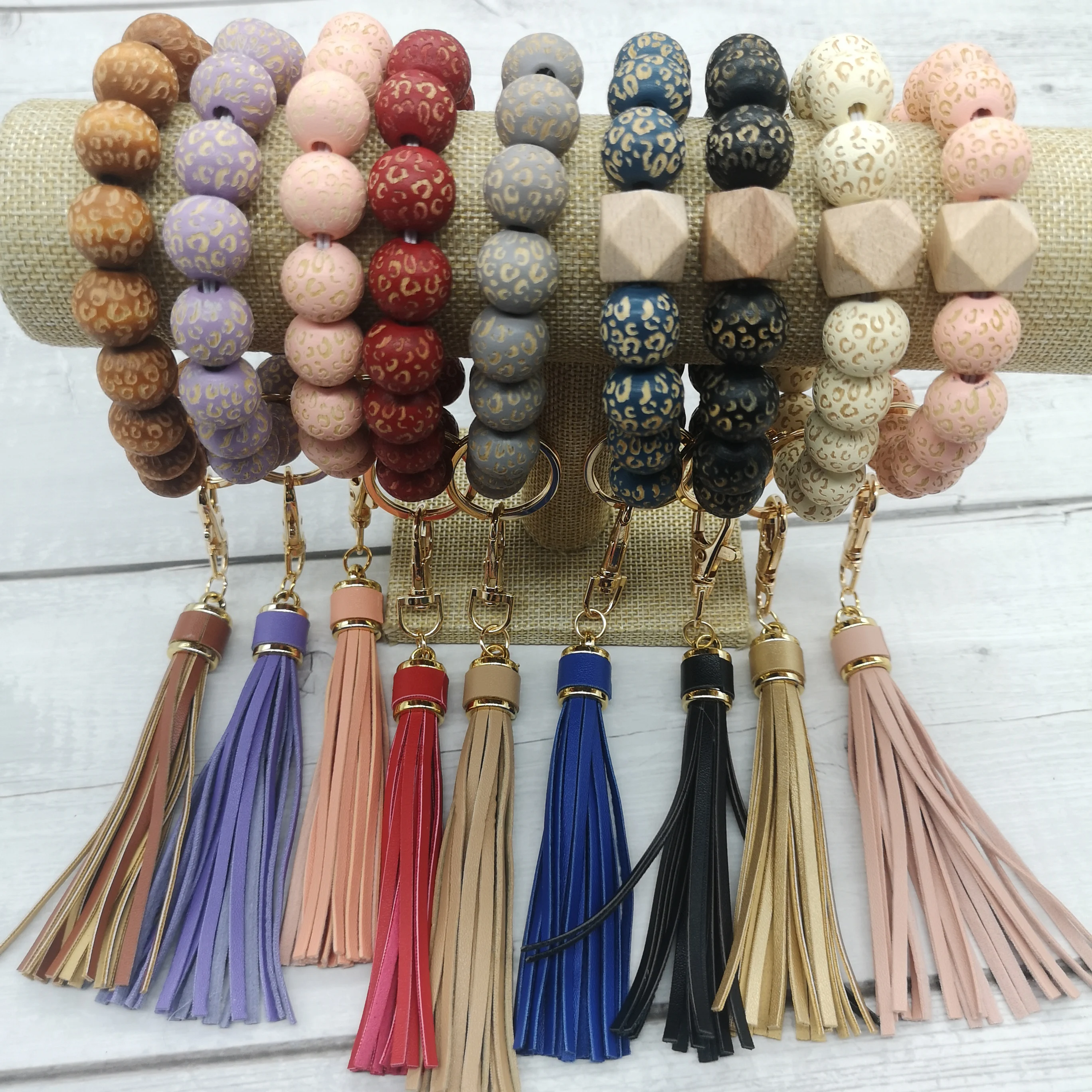 Wooden leopard beads monogram engrave disc bracelet tassel keychain