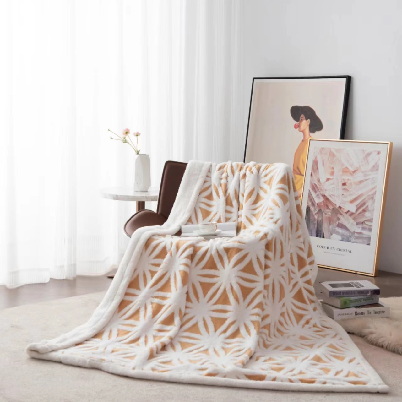 Warm yellow flannel blanket Nordic vintage portable home blanket