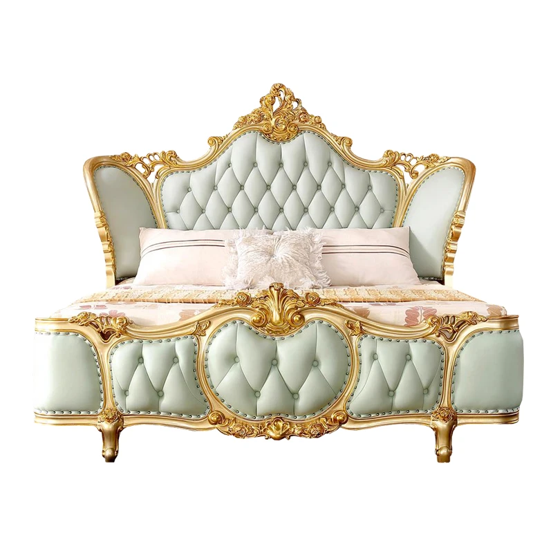 european-style genuine leather bed king size solid wood carved wedding princess bed french bed
