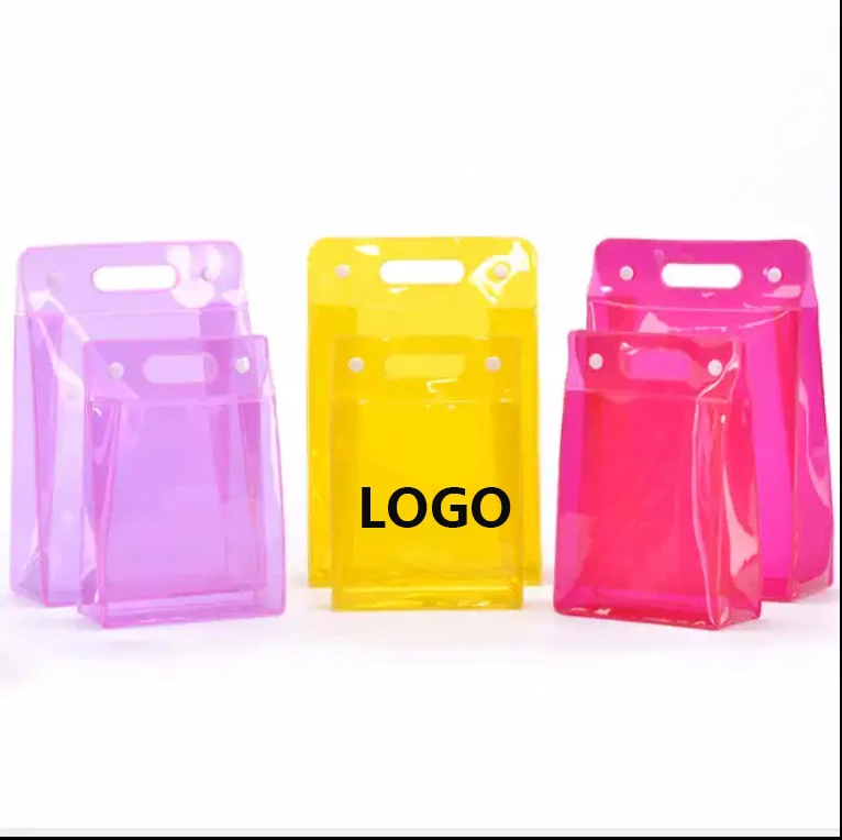 2024 New Trend Transparent PVC Clear Bag Cute Colorful Neon Pink Travel Wash Cosmetic Makeup Pouch with Button and Handle