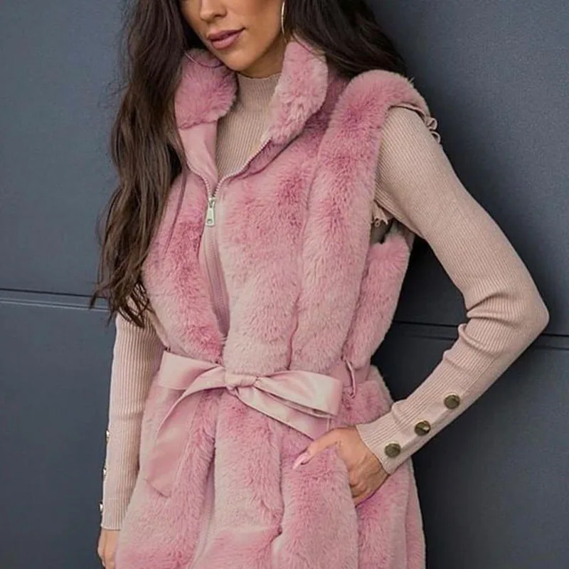Faux Rabbit Fur Mid Length Fashion Artificial Fur Women Elegant Stand Collar Vests