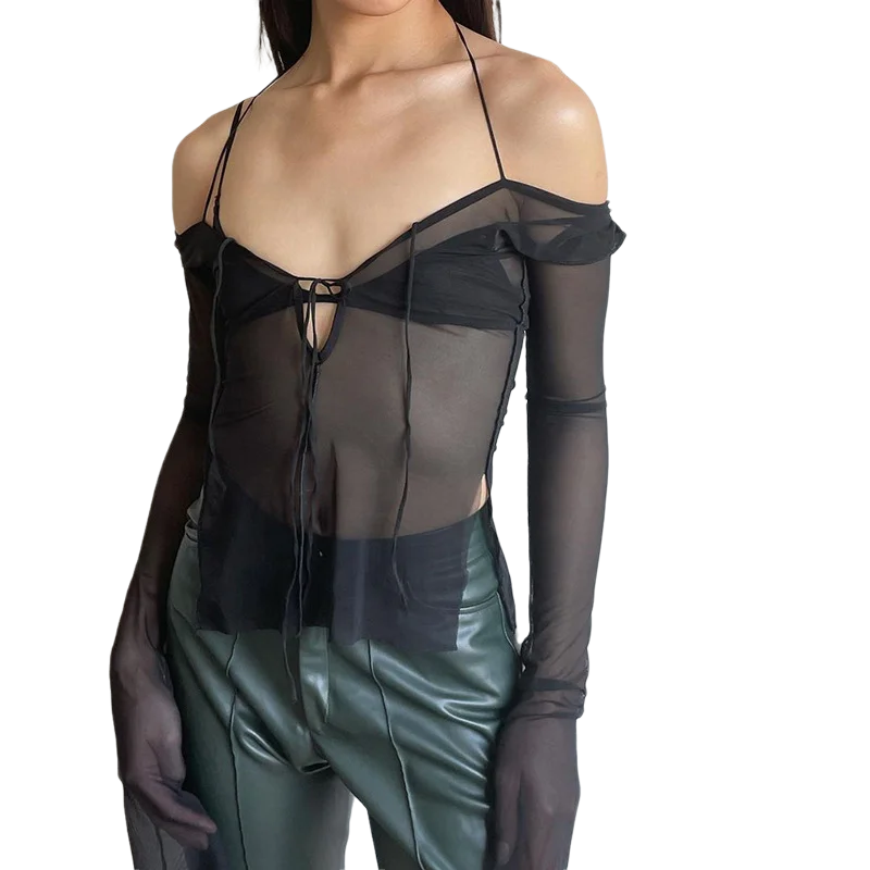 2022 Hot Off The Shoulder Mesh Top Y2k Grunge Clothing Sexy Shirts For Women Tops