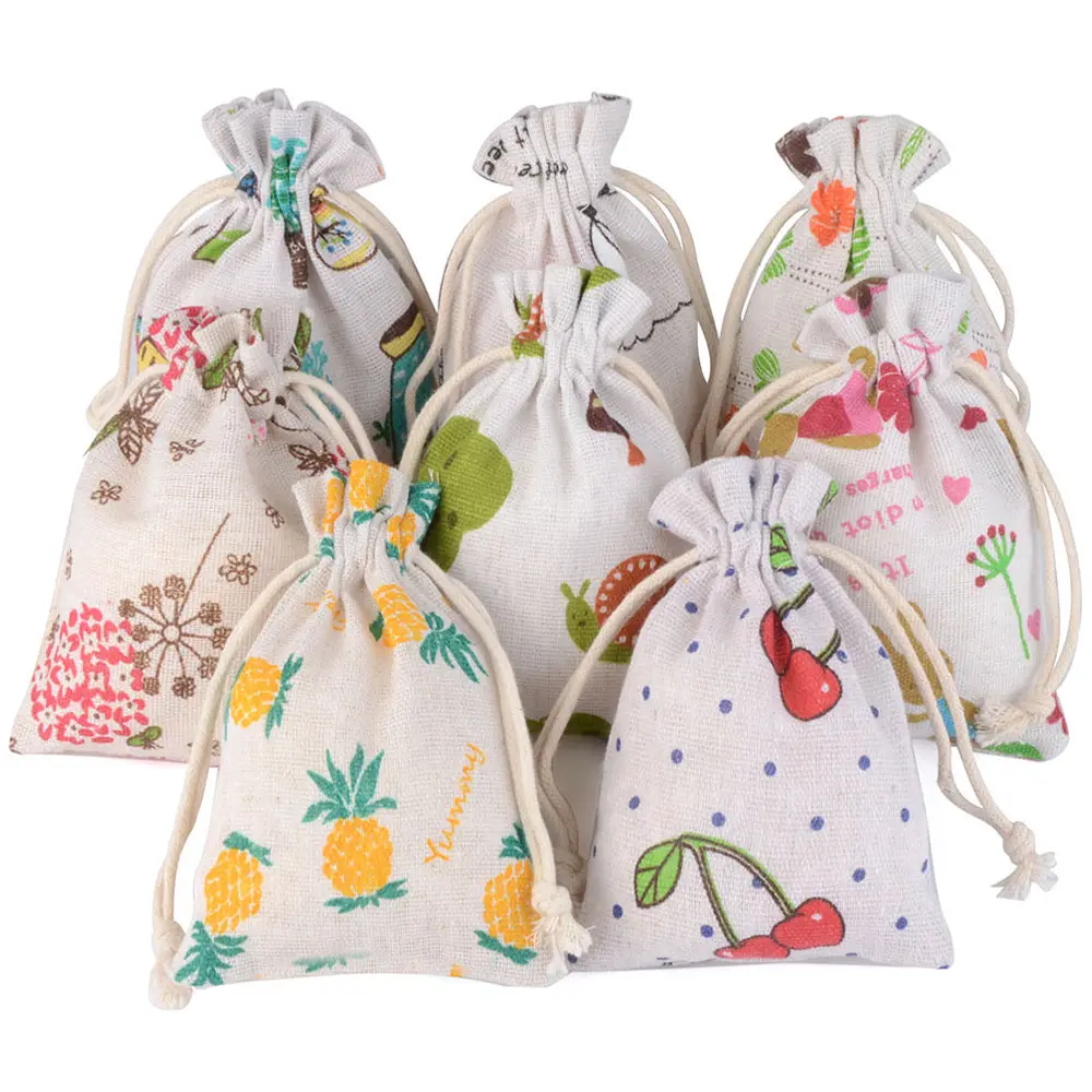 10x14 cm Custom Plenty Lovely Fruit Flower Grass Patterns Gift Drawstring Flax Bag