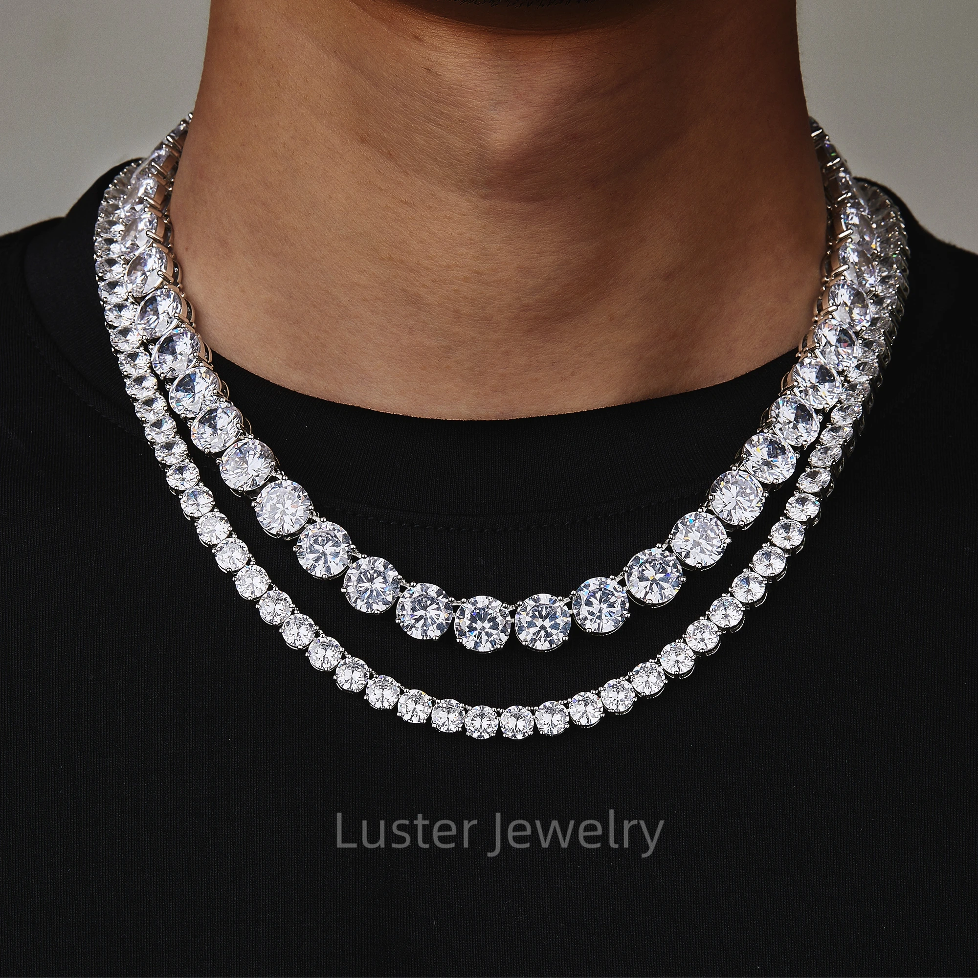 Luster Superb Fine Jewelry 925 Sterling Silver D White Round 6/8/12mm Moissanite Tennis Chain Necklace with GRA Certificate