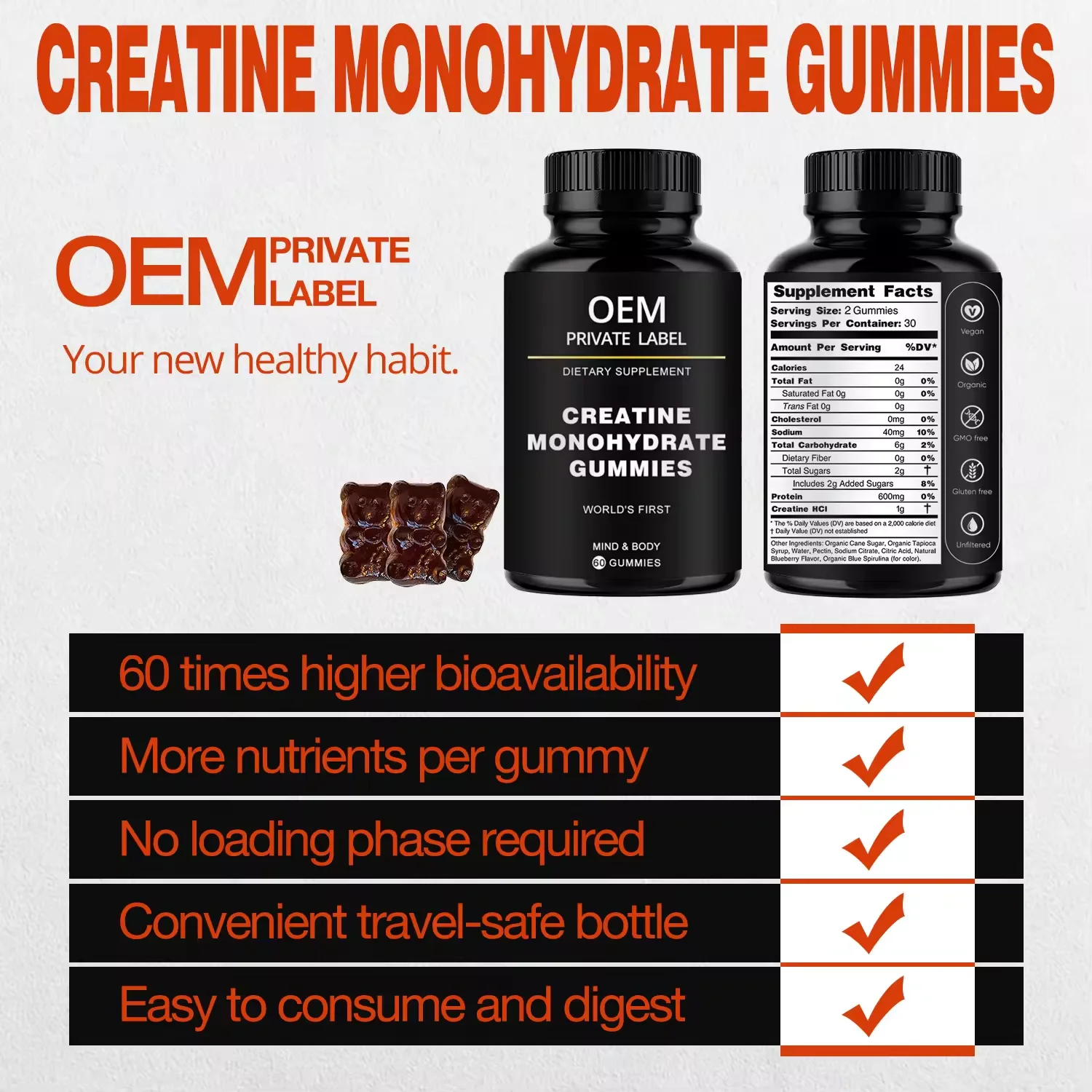 OEM ODM Pure Creatine Monohydrate Energy Gummy Sport Pre Workout Powder Gummies for Build Muscle and Strength