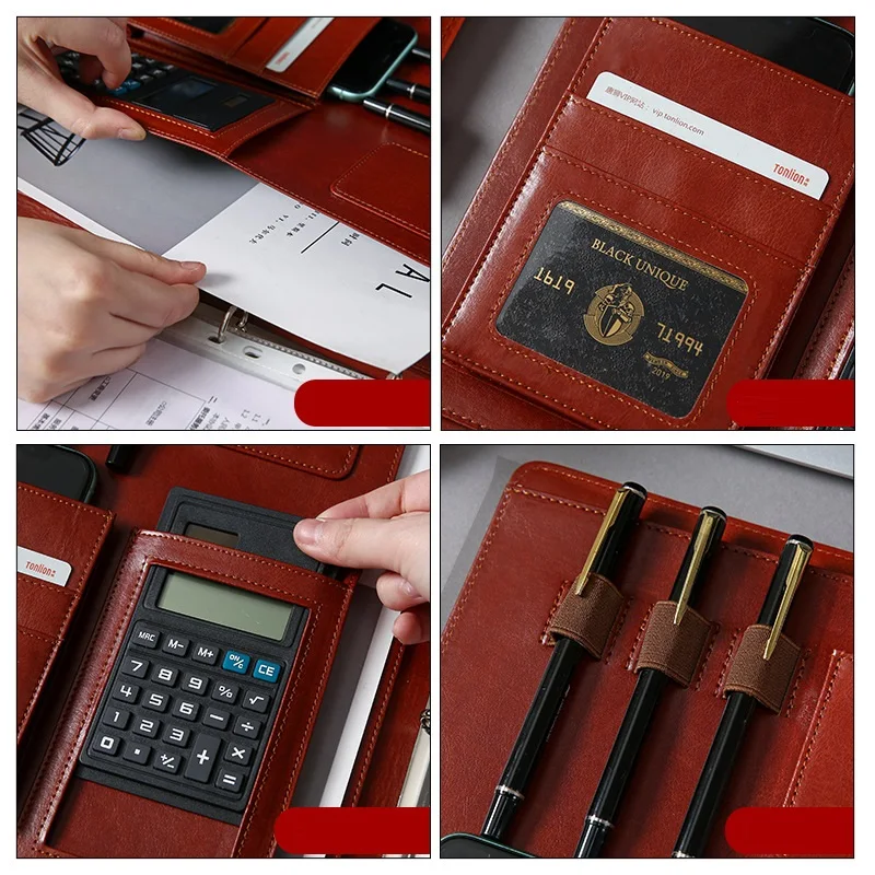 Multi Function Leather Cover 4 Hole Ring Binders File Folder A4 Document Holder with Calculator